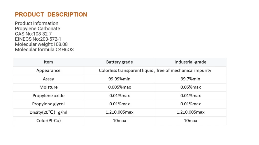 Propylene Carbonate 99.99% Used as a Solvent of Nitrocellulose, Cellulose Ethers, Synthetic Resins and Natural Resins in Chemical Production